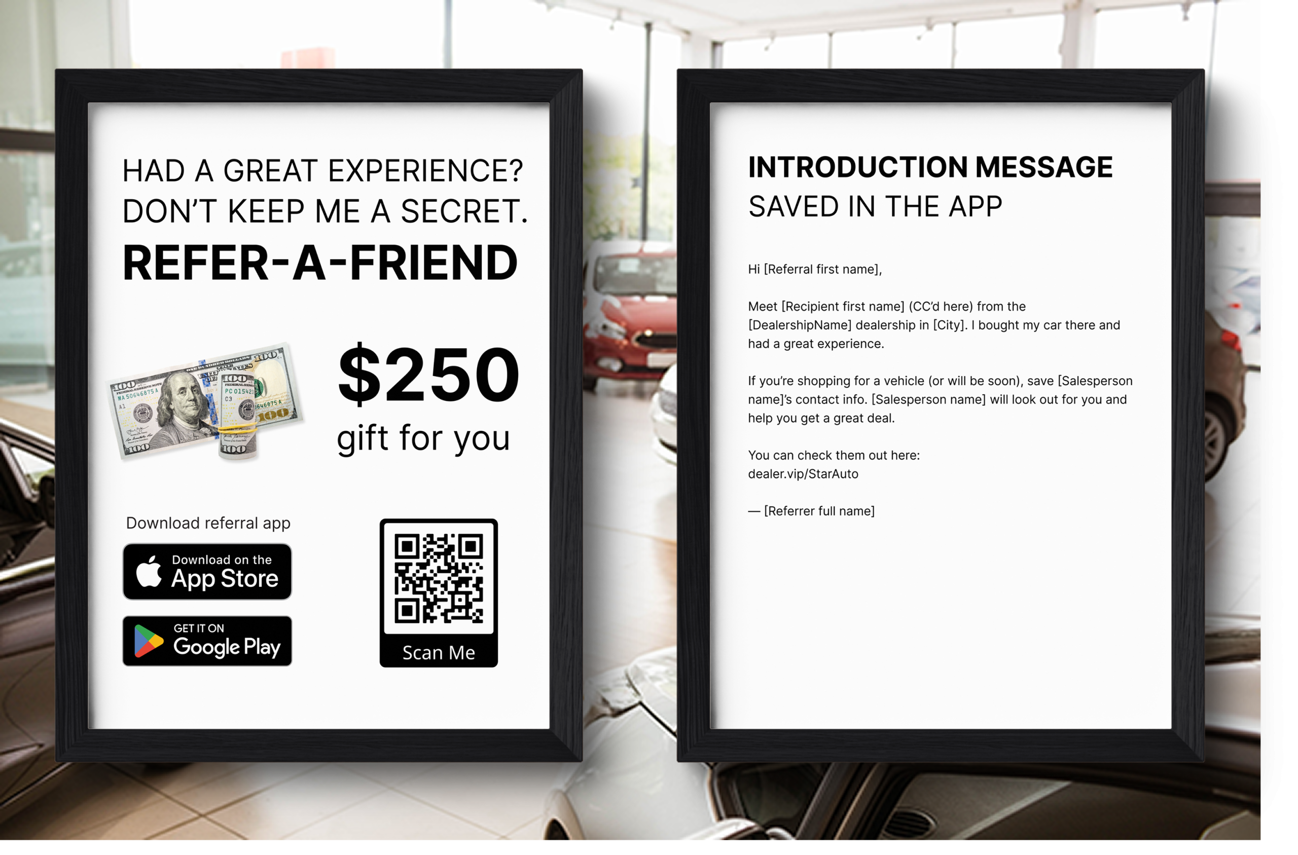 Car dealership refer-a-friend sign