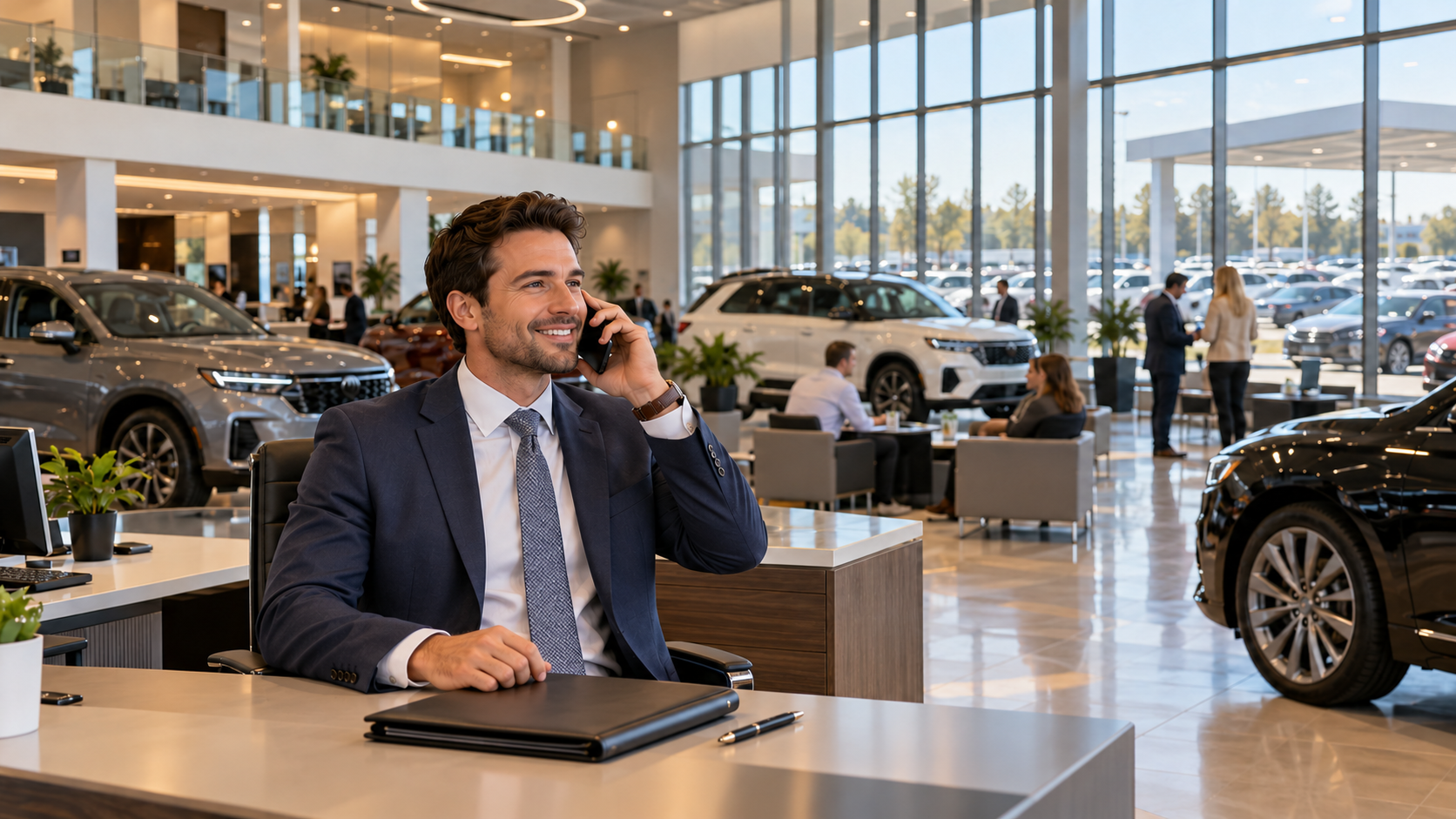 Car salesperson at a dealership following up with a customer